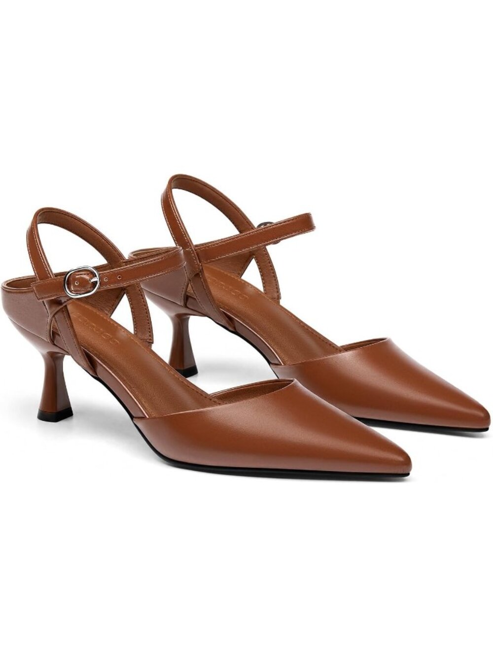 Women's Brown Kitten Heels Closed Pointed Toe Pumps Adjustable Strap Party Shoes